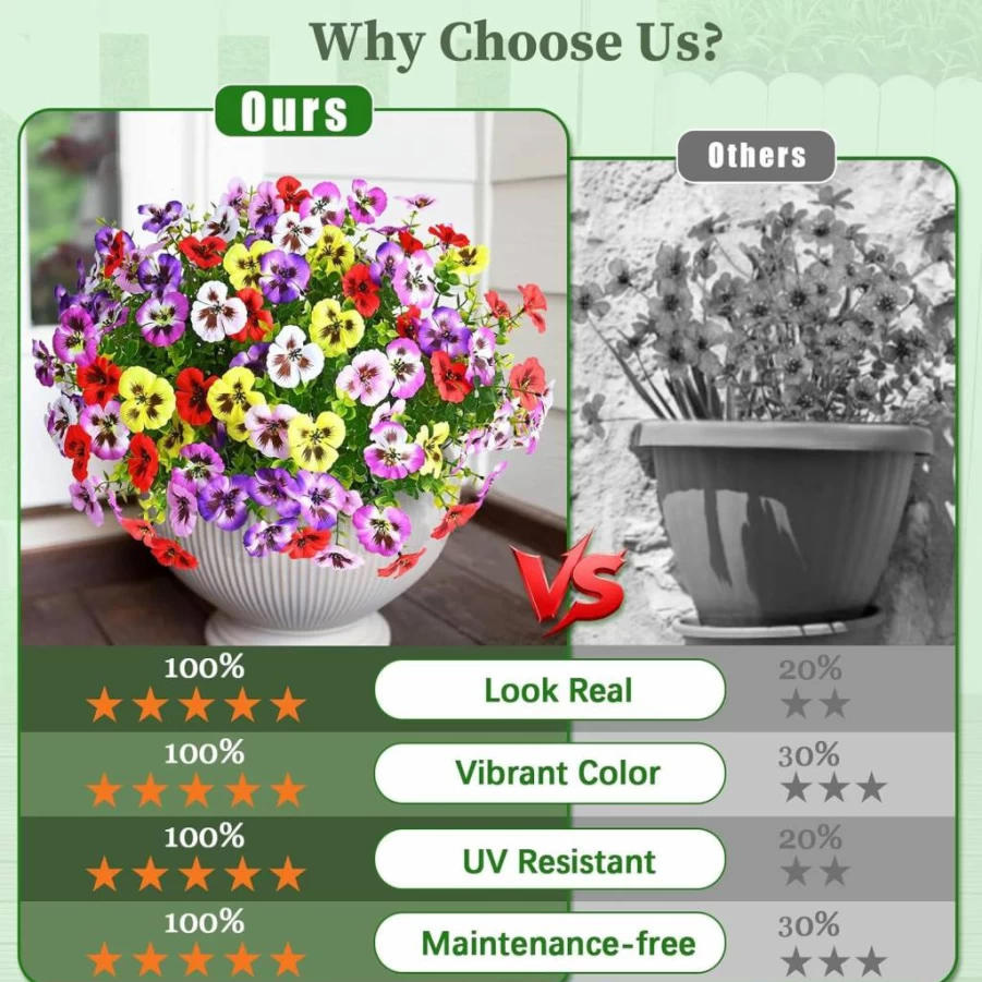MARTINE MALL 8 Bundles UV Resistant Artificial Pansy Flowers for Outdoor Garden, Realistic Fake Silk Flowers for Porch, Mixed Colors, Faux Plants for Outside Decor