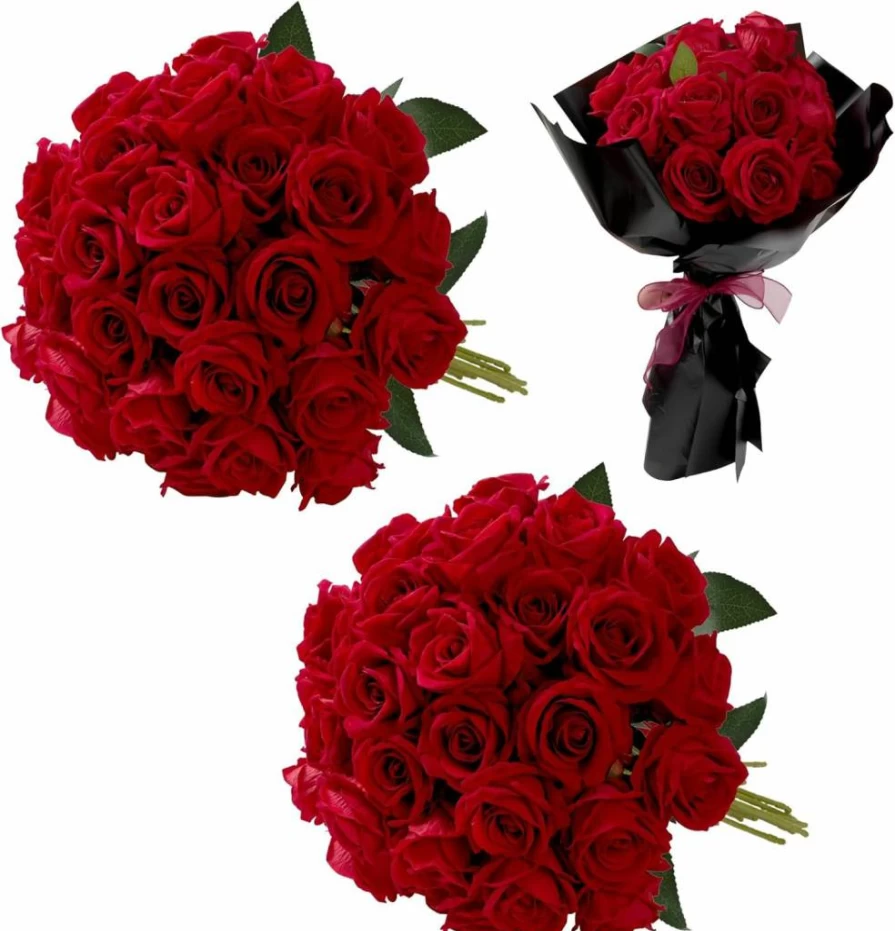 Fanfantoey 52Pcs Realistic Artificial Red Roses Bouquet, Silk Fake Flowers for DIY Home Decor, Mother’s Day Gift, Wedding Table Arrangement