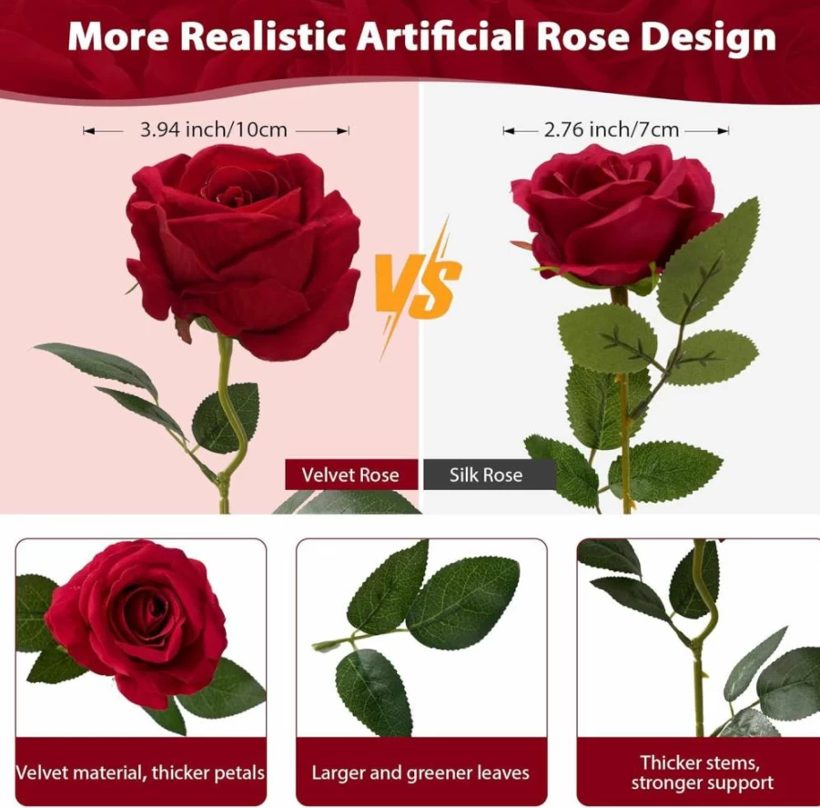 Fanfantoey 52Pcs Realistic Artificial Red Roses Bouquet, Silk Fake Flowers for DIY Home Decor, Mother’s Day Gift, Wedding Table Arrangement