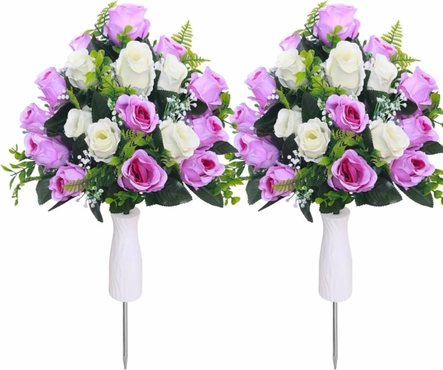 Lodou Artificial Cemetery Flowers - Set of 2 Memorial Roses Bouquet with Vase for Grave Decorations (Red & Beige)