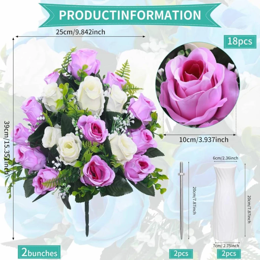 Lodou Artificial Cemetery Flowers - Set of 2 Memorial Roses Bouquet with Vase for Grave Decorations (Red & Beige)
