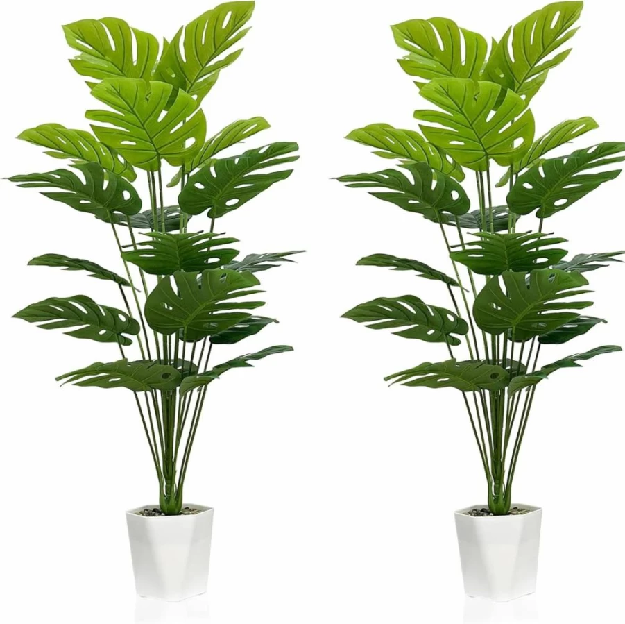 SAJANDAS Set of 2 Artificial Monstera Deliciosa Plants in Pots - 28 Inch Fake Tropical Palm Tree for Home, Office, Bathroom, and Windowsill Decor