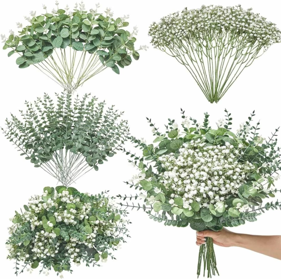 Serwalin 100-Pack Mixed Faux Eucalyptus & Baby’s Breath Stems – Bulk Artificial Greenery for DIY Wedding Bouquets, Floral Arrangements & Home Decor