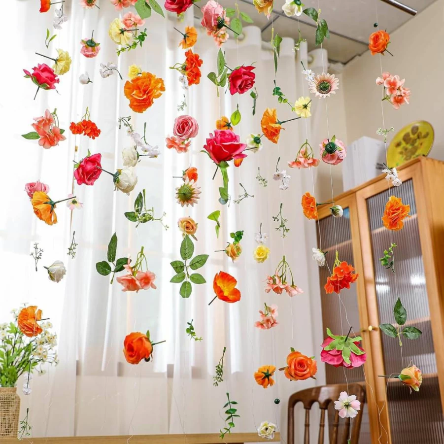 XunYee 6 Pack 35.4 Ft Artificial Flower Garlands - Silk Wildflower Vines for Home Garden Wedding Party Decor Spring Summer Hanging Floral Arch Wall Decorations