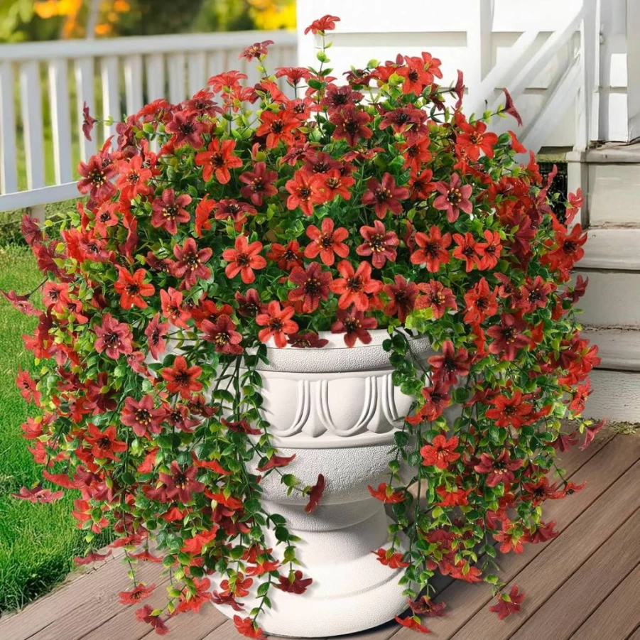 ZFProcess 2 Pack UV Resistant Artificial Hanging Flowers for Outdoor Decor - Faux Light Purple Red Plants for Porch, Patio, Yard, Window (All Season Fake Hanging Plants)