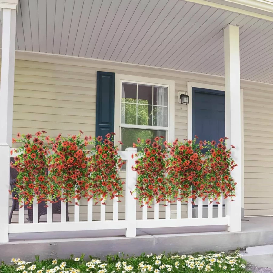 ZFProcess 2 Pack UV Resistant Artificial Hanging Flowers for Outdoor Decor - Faux Light Purple Red Plants for Porch, Patio, Yard, Window (All Season Fake Hanging Plants)