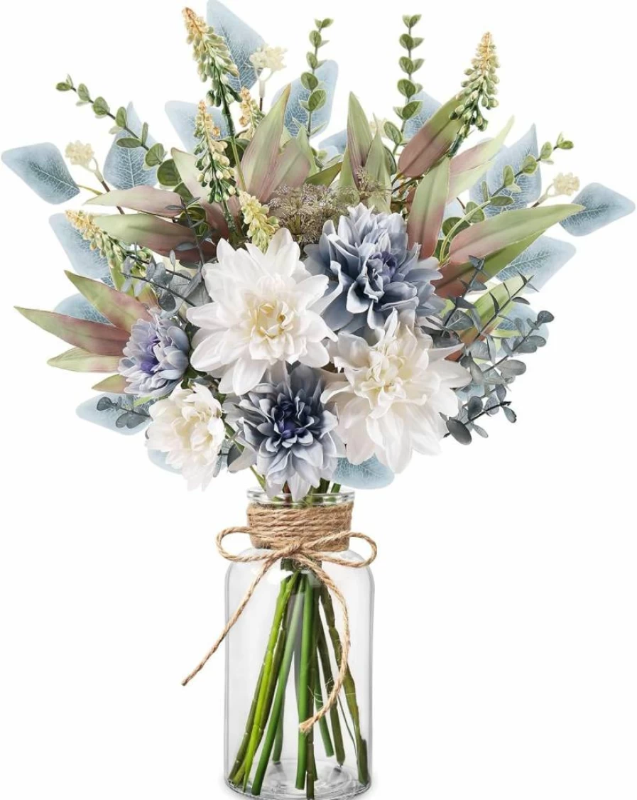 Pusuny Artificial Silk Flowers in Vase - Blue White Faux Floral Arrangement for Home Decor, Indoor Centerpiece, Coffee Table Decoration