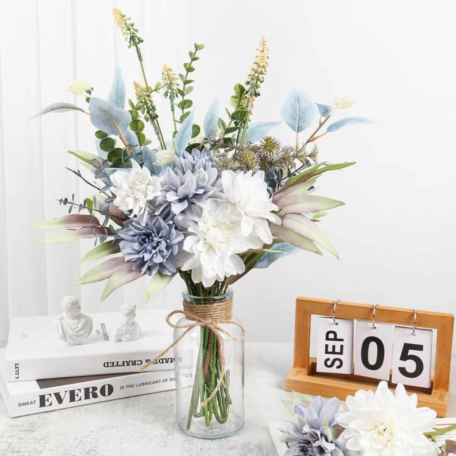 Pusuny Artificial Silk Flowers in Vase - Blue White Faux Floral Arrangement for Home Decor, Indoor Centerpiece, Coffee Table Decoration