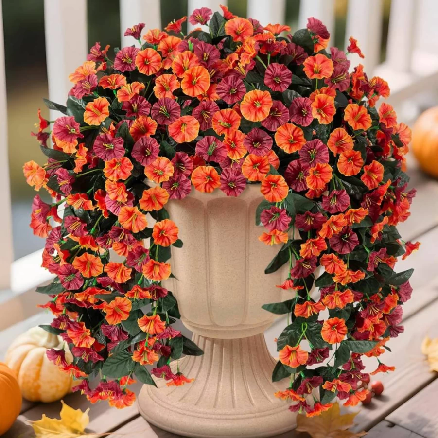 INXUGAO 2PCS UV Resistant Artificial Morning Glory Vines - Realistic Pink Silk Hanging Flowers for Outdoor Porch, Patio, Spring & Summer Decor