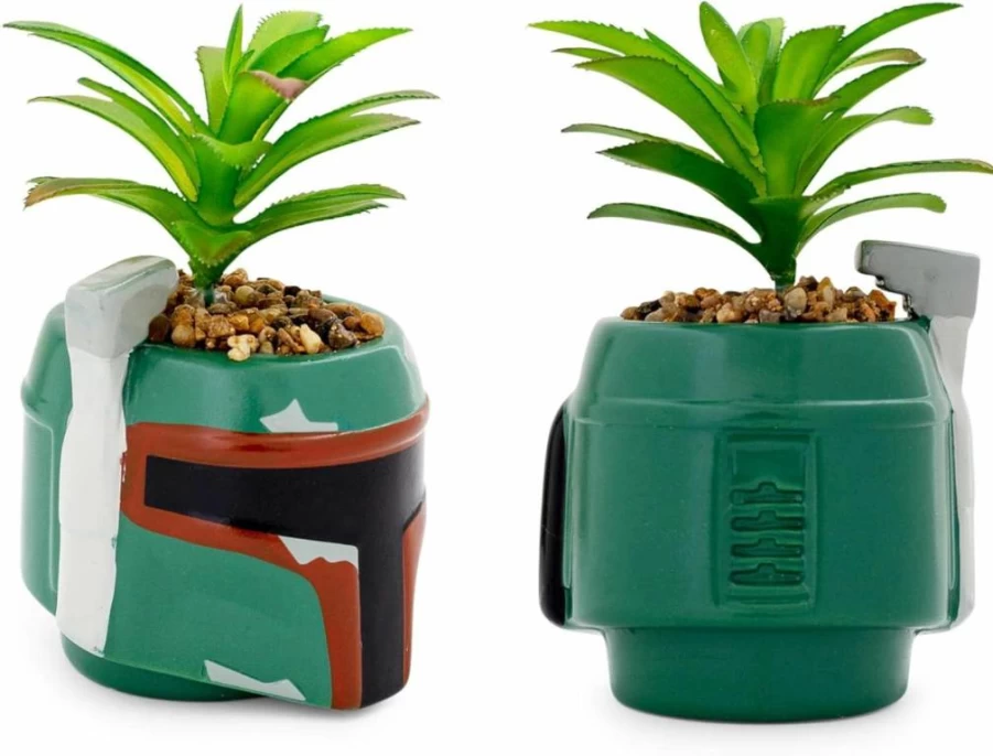 STAR WARS Boba Fett Helmet Ceramic Planter with Artificial Succulent, Small Desk Flower Pot for Home Decor, Collectible Gift for Fans
