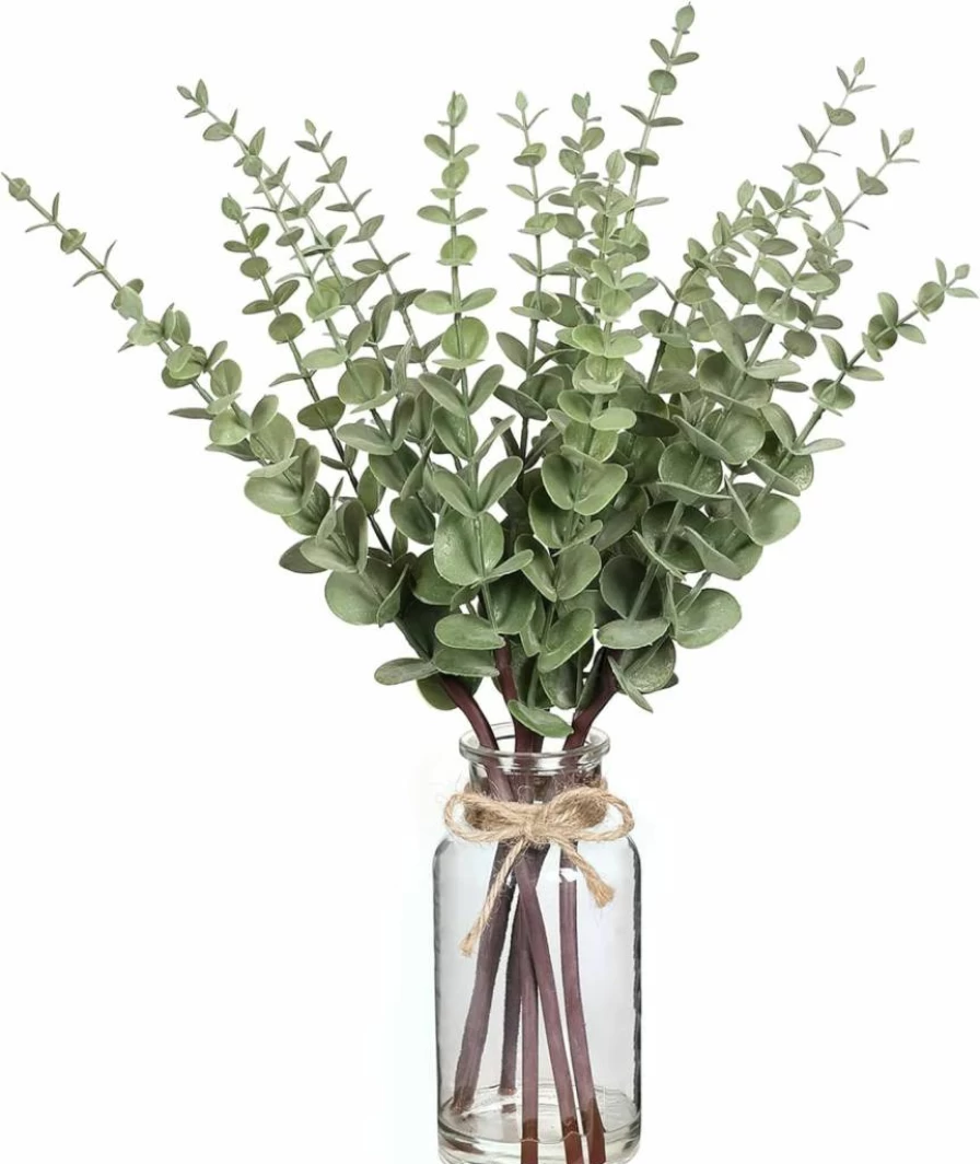 VIERENA 17.5" Artificial Eucalyptus Stems in Glass Vase - Sage Green Faux Plant for Farmhouse Wedding, Home Decor, and Centerpiece Table Decorations
