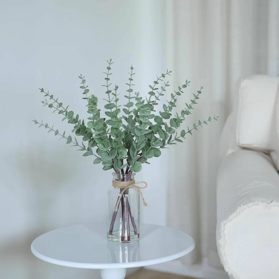 VIERENA 17.5" Artificial Eucalyptus Stems in Glass Vase - Sage Green Faux Plant for Farmhouse Wedding, Home Decor, and Centerpiece Table Decorations