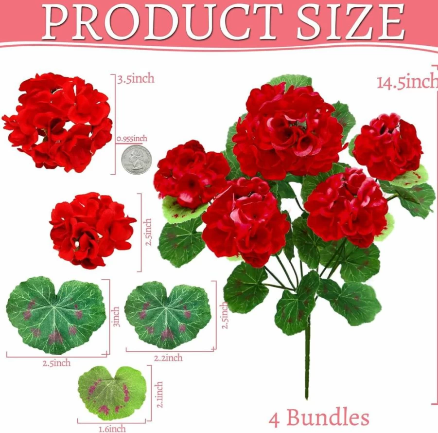 TURNMEON Artificial Geranium Flowers - 4 Pack UV Resistant Faux Silk Plants for Outdoor & Indoor Decor, Home Garden, Patio, Porch, Table, Cemetery (Pink)