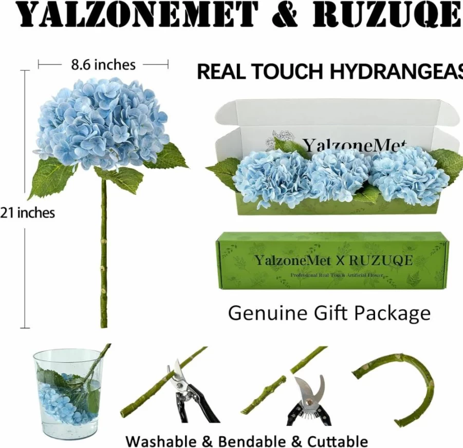 YalzoneMet 3-Pack 21-Inch Real Touch White Artificial Hydrangea Flowers for Wedding Centerpieces, Home Decor, and Party Table Arrangements