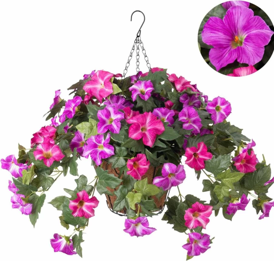 Ammyoo 2PCS UV Resistant Artificial Petunias Silk Flowers for Outdoor Indoor Decor, Realistic Faux Plants for Garden, Balcony, Porch, Yard (Purple White)