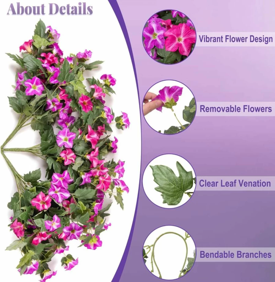 Ammyoo 2PCS UV Resistant Artificial Petunias Silk Flowers for Outdoor Indoor Decor, Realistic Faux Plants for Garden, Balcony, Porch, Yard (Purple White)