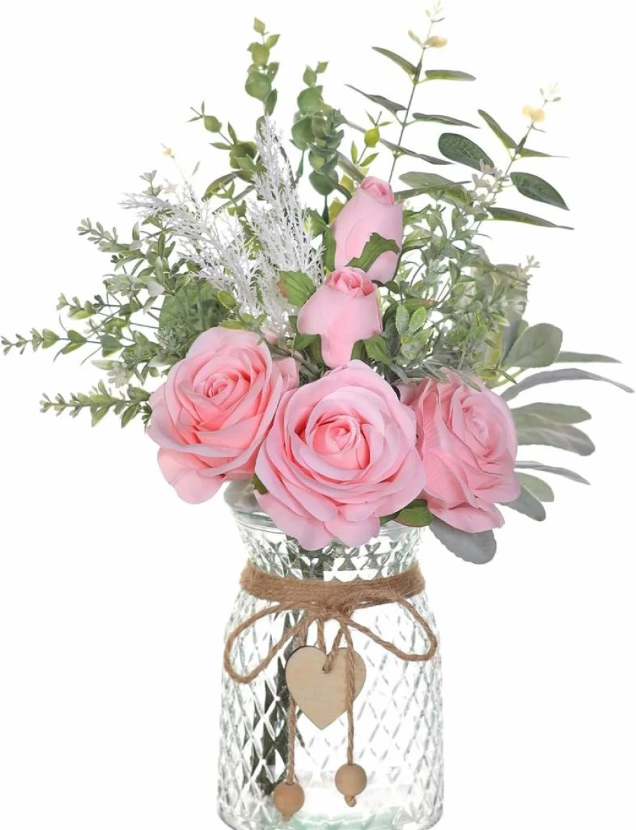 VIERENA Artificial Silk Roses in Vase - Faux Eucalyptus Flower Arrangement for Home, Office, Farmhouse, Bathroom, Dining Table Centerpiece Decor (White)
