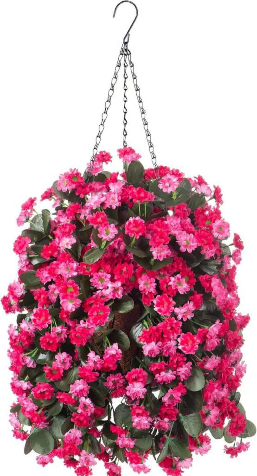 Ammyoo Artificial Mums Hanging Basket - Rose Red Fake Flowers for Outdoor & Indoor Decor, Home Garden Porch Patio Spring Summer Hanging Plants with Basket