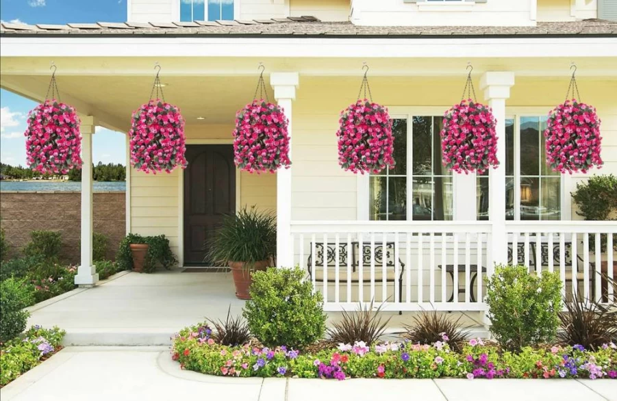 Ammyoo Artificial Mums Hanging Basket - Rose Red Fake Flowers for Outdoor & Indoor Decor, Home Garden Porch Patio Spring Summer Hanging Plants with Basket