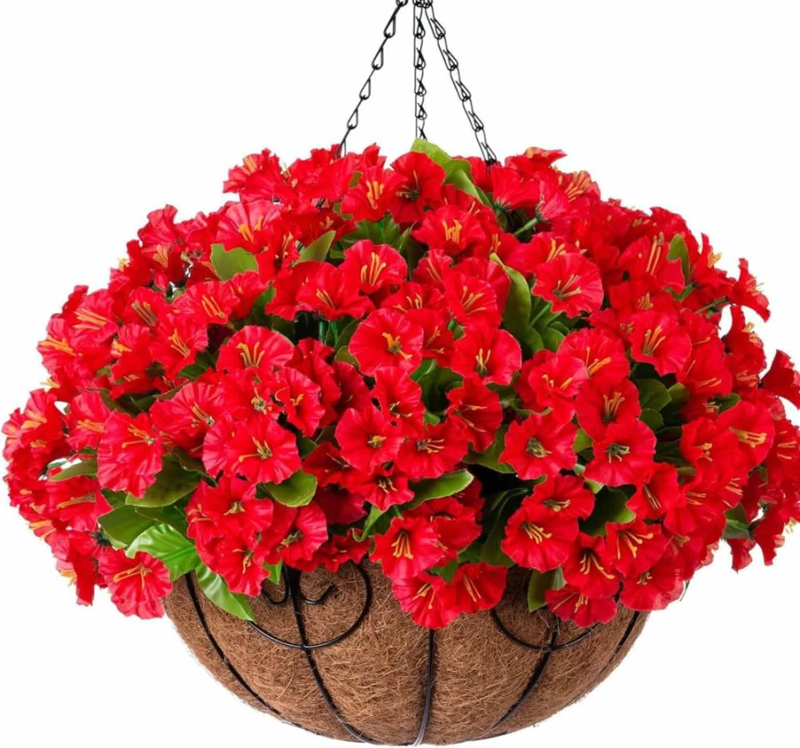 Ammyoo Red Faux Petunias Hanging Basket - Artificial Morning Glory Flowers for Outdoor Patio, Garden, Balcony Decor - Summer Spring Fake Plants