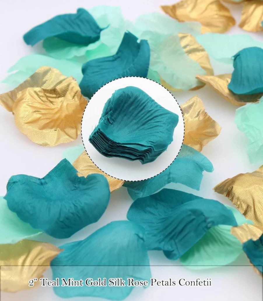 900Pcs Teal Aqua Mint Gold Silk Rose Petals Confetti - ALLHEARTDESIRES Wedding Decor, Bridal Shower Centerpieces, Vase Filler, Aisle Scatter Decoration
