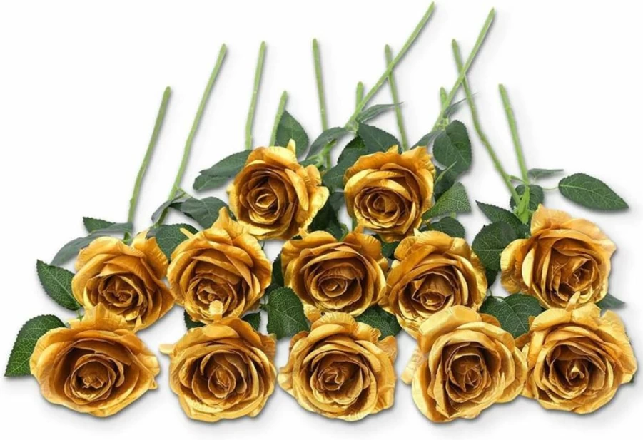 Laelfe 12 Pcs Yellow Silk Roses - Long Stem Artificial Flowers for Wedding, Home, and Party Decorations