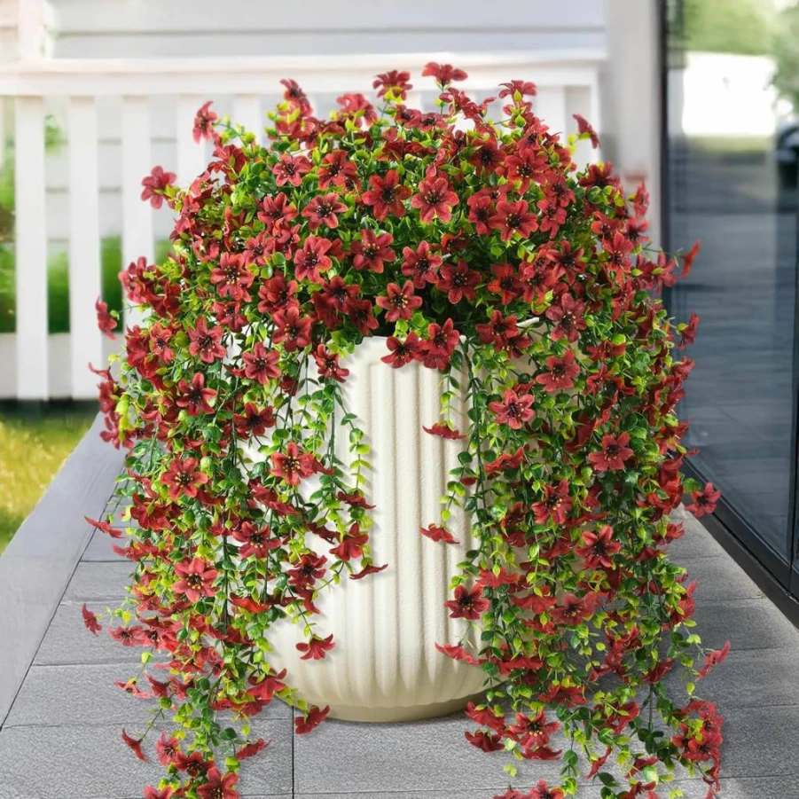 ZFProcess 2 Pack Artificial Hanging Flowers Outdoor UV Resistant Faux Plants - Realistic Red Purple Fake Flowers for Porch, Patio, Garden, Front Door Decor (Spring Summer Hanging Basket)
