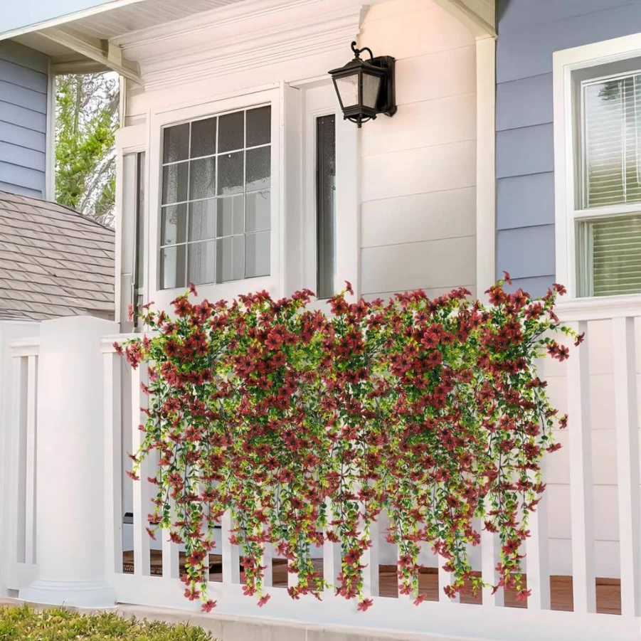 ZFProcess 2 Pack Artificial Hanging Flowers Outdoor UV Resistant Faux Plants - Realistic Red Purple Fake Flowers for Porch, Patio, Garden, Front Door Decor (Spring Summer Hanging Basket)