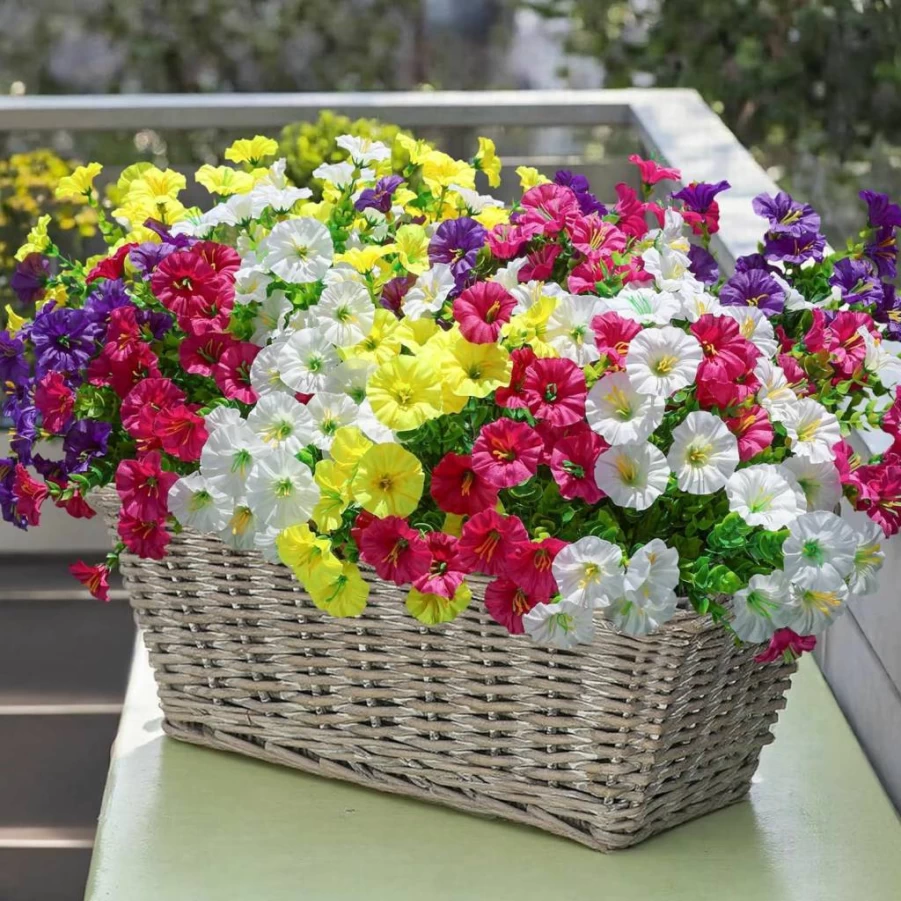 Ivydale 12 Bundles UV Resistant Artificial Morning Glory & Eucalyptus Silk Flowers for Outdoor Decor – Realistic Faux Plants for Patio, Porch, Balcony, Yard