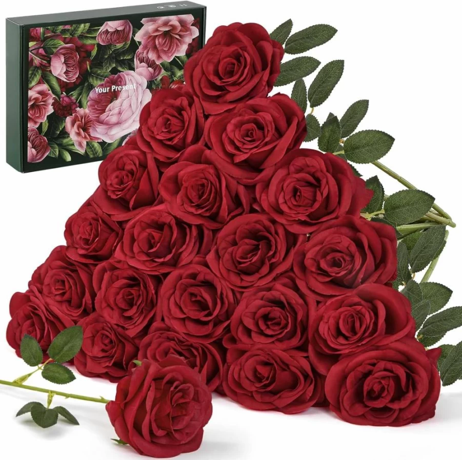 Faylifeway 20Pcs Artificial Red Roses, 3.9" Silk Flower Heads with Long Stems, Realistic Faux Roses Bouquet for DIY Wedding, Home, Party, Office Decoration