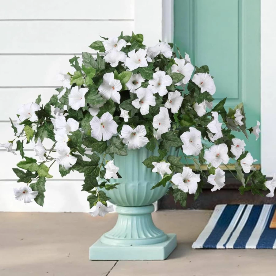 HyeFlora 2Pcs UV Resistant Artificial Morning Glory Flowers for Outdoor Planters, Home Garden, Balcony, Yard, and Porch Decoration - Realistic Silk Faux Flowers