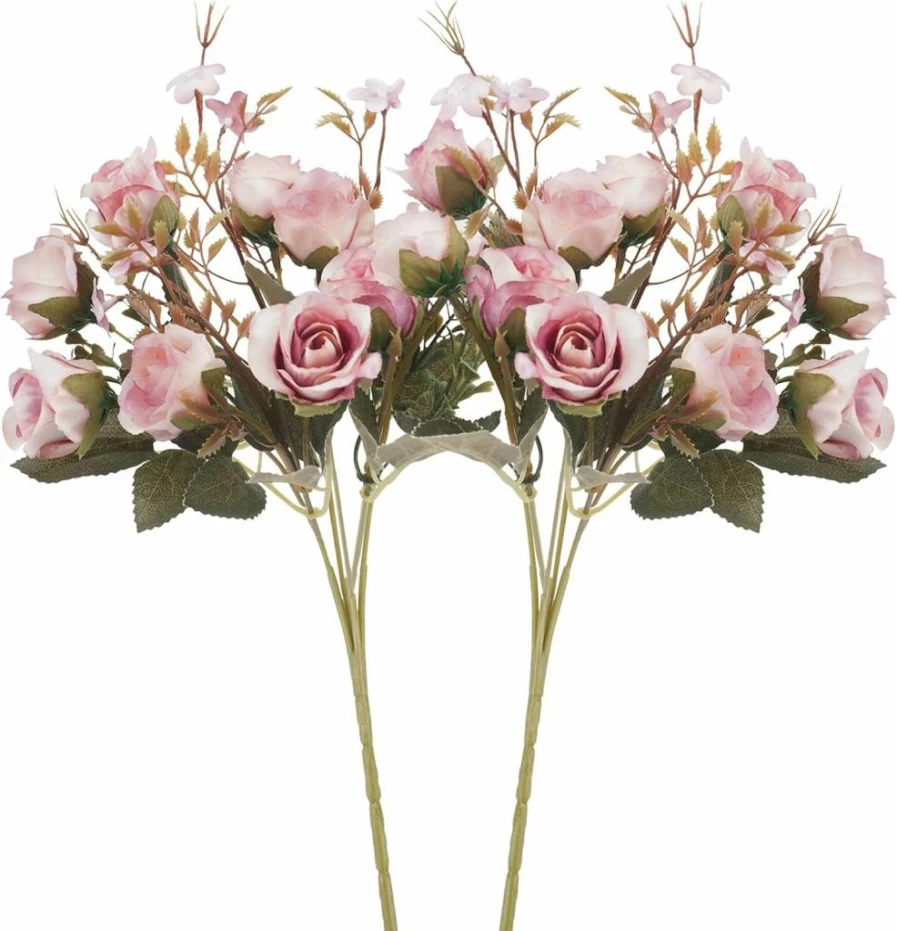 Neendohome Artificial Roses Bouquet - 5 Stems 10 Heads Small Fake Flowers with Leaves for Valentine's Day, Wedding, Office, Kitchen Decor (2 Pack, Green)
