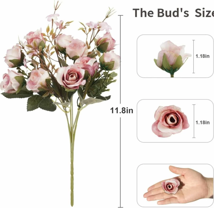 Neendohome Artificial Roses Bouquet - 5 Stems 10 Heads Small Fake Flowers with Leaves for Valentine's Day, Wedding, Office, Kitchen Decor (2 Pack, Green)