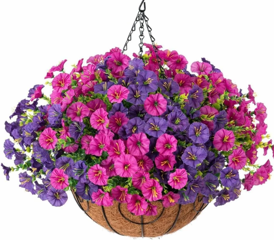 HyeFlora UV Resistant Artificial Morning Glory Hanging Basket - Realistic Faux Silk Flowers for Outdoor Porch, Patio, Balcony, Garden & Yard Decor