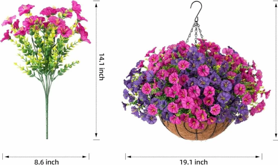 HyeFlora UV Resistant Artificial Morning Glory Hanging Basket - Realistic Faux Silk Flowers for Outdoor Porch, Patio, Balcony, Garden & Yard Decor