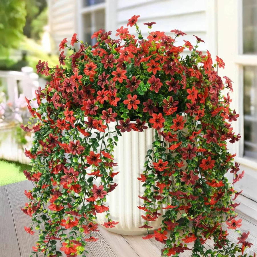 INQCMY 2 Pack Artificial Daisy Hanging Plants with Eucalyptus - UV Resistant Faux Silk Flowers for Outdoor & Indoor Decor - Porch, Patio, Balcony, Yard, Planter