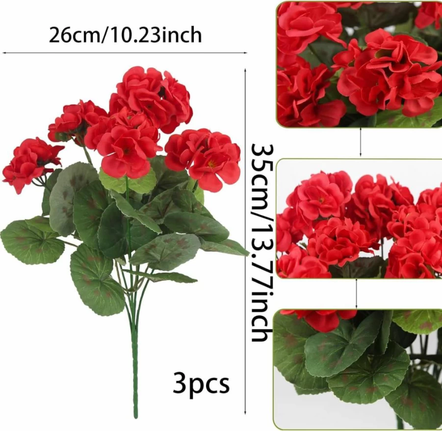 3 Pcs UV Resistant Artificial Geraniums Flowers - Red Faux Geranium Bush for Outdoor & Indoor Decor, Patio, Garden, Vase Centerpiece by CITYES