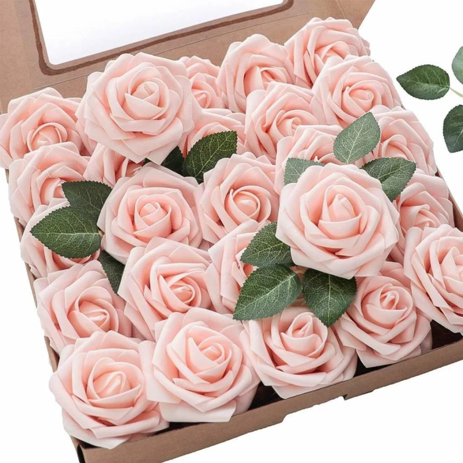 Floroom 25Pcs Ivory Artificial Roses - Realistic Foam Fake Flowers with Stems for DIY Wedding Bouquets, Bridal Shower, Centerpieces, Table Decorations