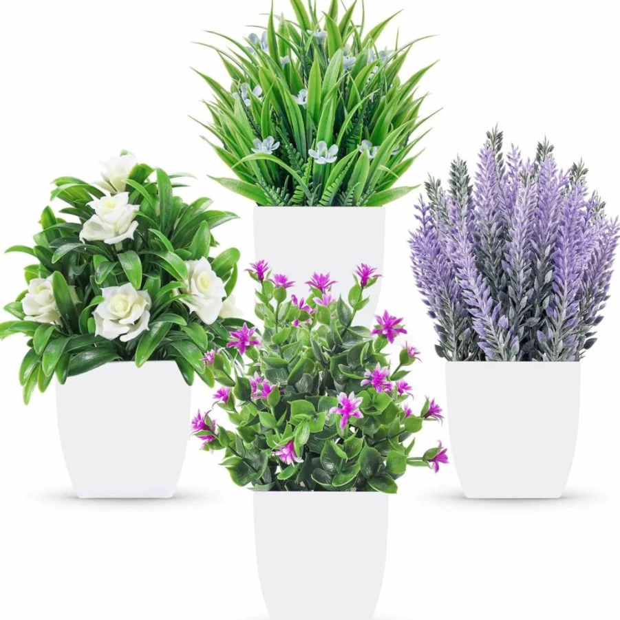 Der Rose 4 Pack Artificial Potted Plants with Flowers - Small Faux Plants for Home, Office, Bathroom, Living Room Indoor Decor
