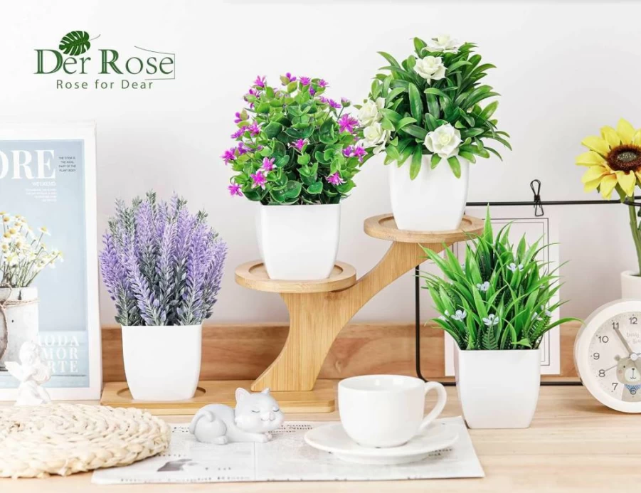 Der Rose 4 Pack Artificial Potted Plants with Flowers - Small Faux Plants for Home, Office, Bathroom, Living Room Indoor Decor
