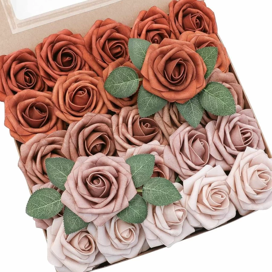 Floroom 25Pcs Dusty Rose Ombre Artificial Foam Roses with Stems for DIY Wedding Bouquets, Bridal Centerpieces, and Home Decor