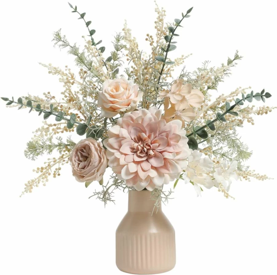 Rongflower Artificial Silk Flower Arrangement in Brown Ceramic Vase - Home Decor Centerpiece for Living Room, Bathroom, Dining Table, Kitchen & Wedding