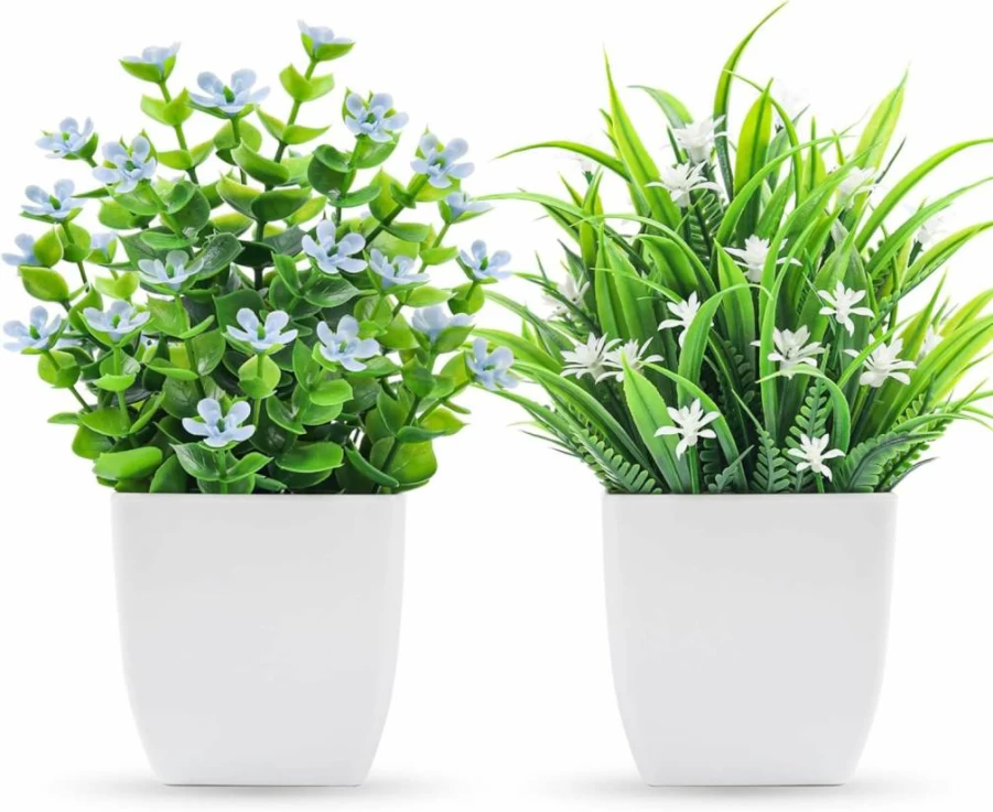 Der Rose 4 Pack Mini Artificial Faux Plants with Flowers - Small Fake Plants for Home, Farmhouse, Bathroom & Indoor Decor