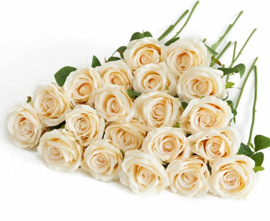 PARTY JOY 20Pcs Realistic Silk Rose Bouquet - Long Stem Artificial Flowers for Wedding, Home Decor, Party Decoration