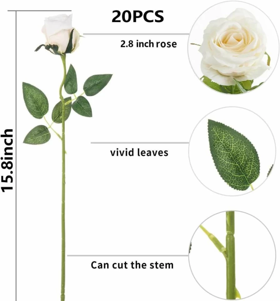 PARTY JOY 20Pcs Realistic Silk Rose Bouquet - Long Stem Artificial Flowers for Wedding, Home Decor, Party Decoration