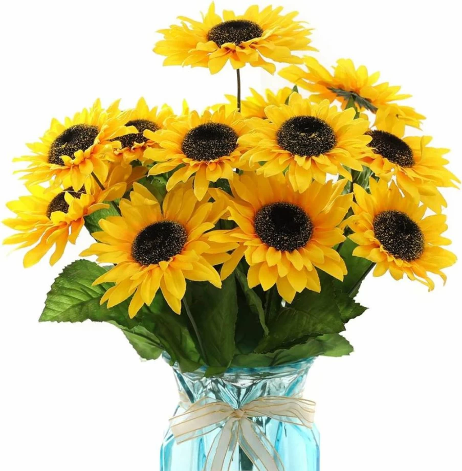 DerBlue 15.74" Artificial Sunflower Bouquet - 14 Heads, 40 Leaves, Silk Fake Flowers for Wedding, Home, Office, and Party Decorations