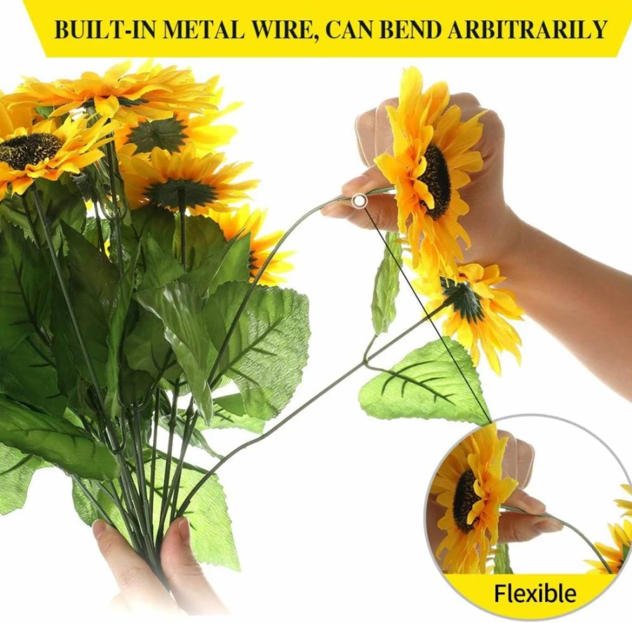 DerBlue 15.74" Artificial Sunflower Bouquet - 14 Heads, 40 Leaves, Silk Fake Flowers for Wedding, Home, Office, and Party Decorations