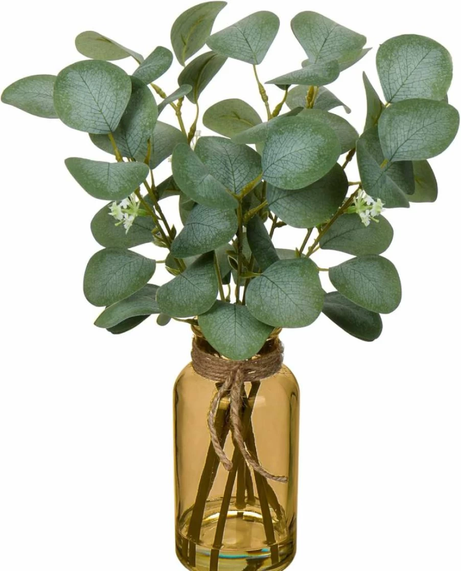 Briful 14" Artificial Eucalyptus Stems in Black Glass Vase - Faux Water Fake Plant for Home, Office, Farmhouse & Wedding Decor