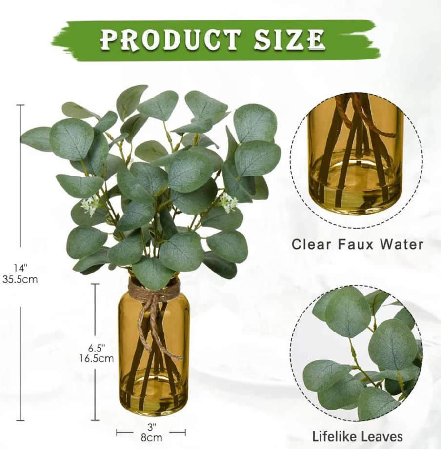 Briful 14" Artificial Eucalyptus Stems in Black Glass Vase - Faux Water Fake Plant for Home, Office, Farmhouse & Wedding Decor