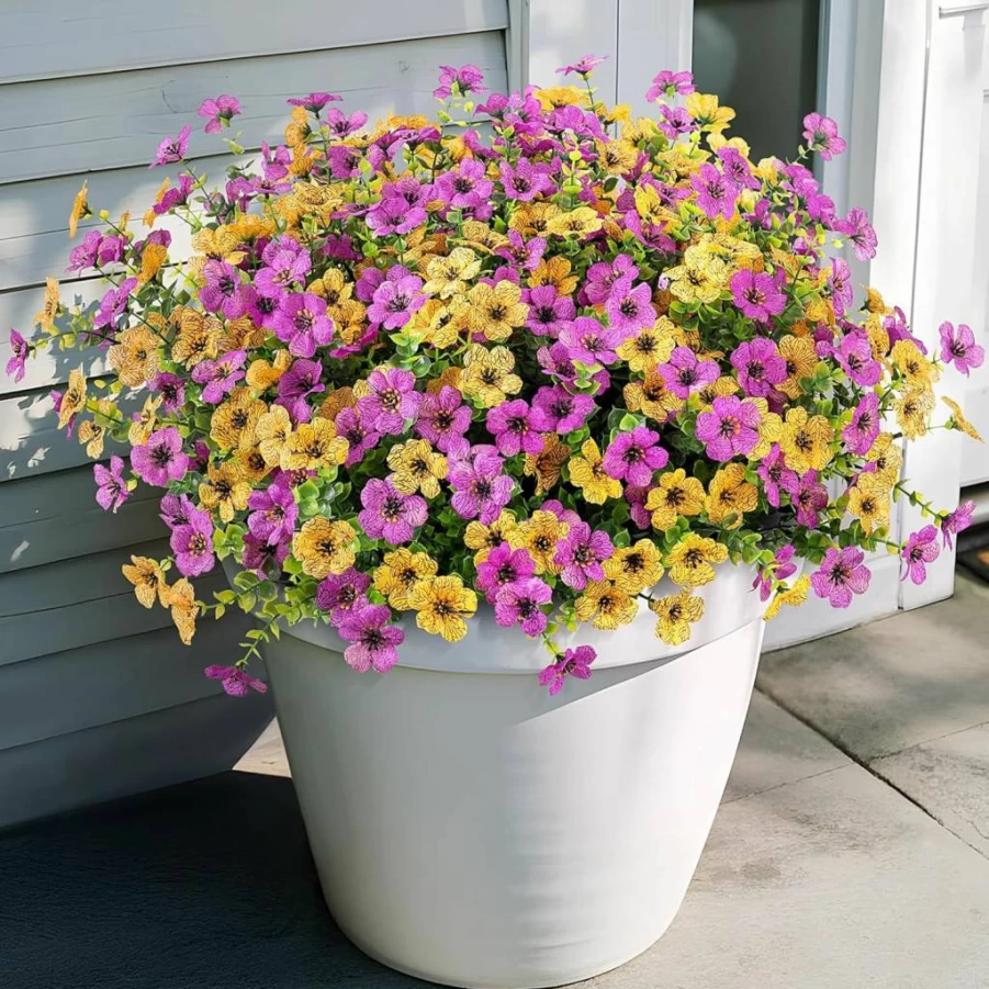 INXUGAO 12 Bundles UV Resistant Faux Silk Daisy Flowers for Outdoor Decor - Realistic Artificial Plants for Planter Pots, Porch, Patio, Yard (Red Pink) - Spring Summer Fake Daisy Bouquets